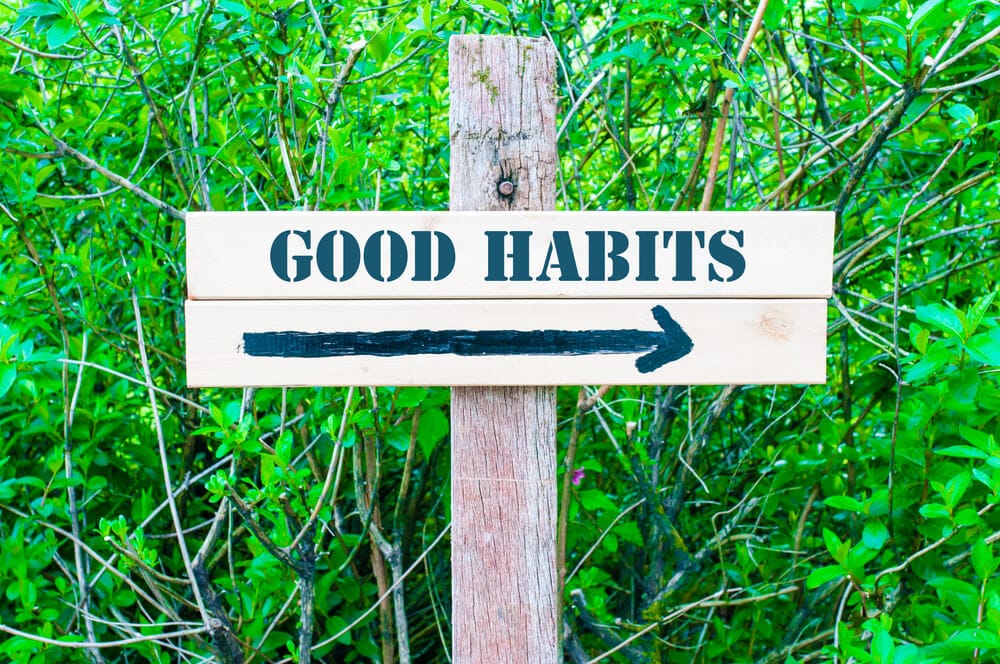 A wooden sign in front of bushes and trees that states "Good habits" with an arrow pointing to the right.