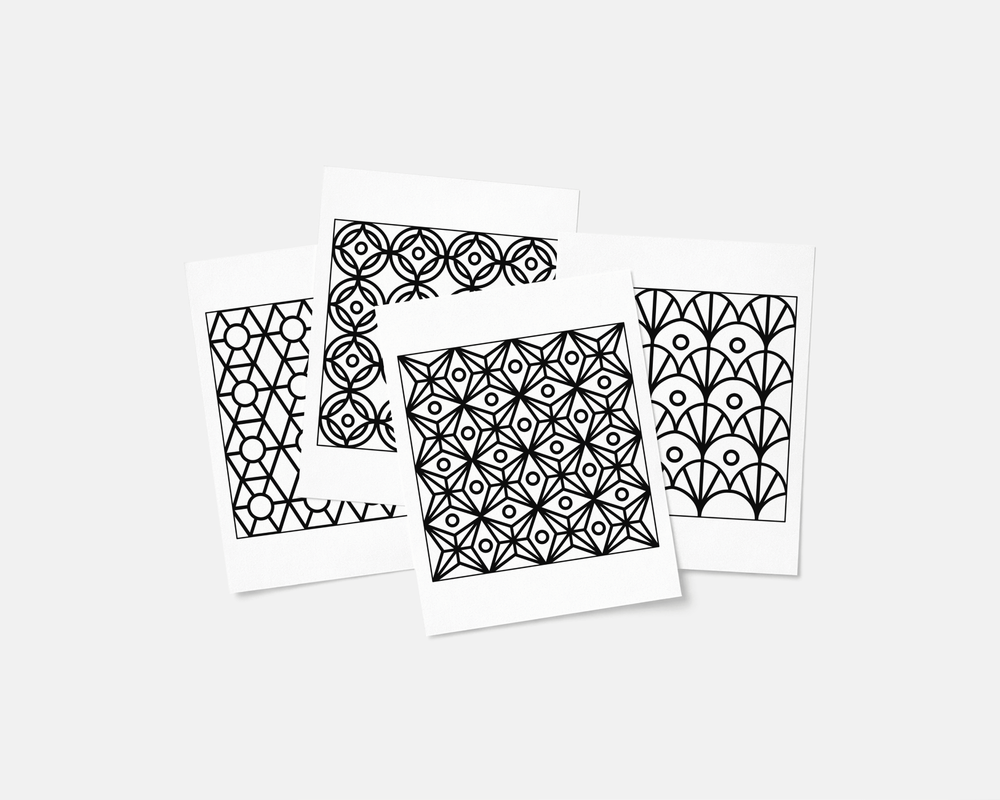 Coloring pages featuring hand-drawn geometric patterns