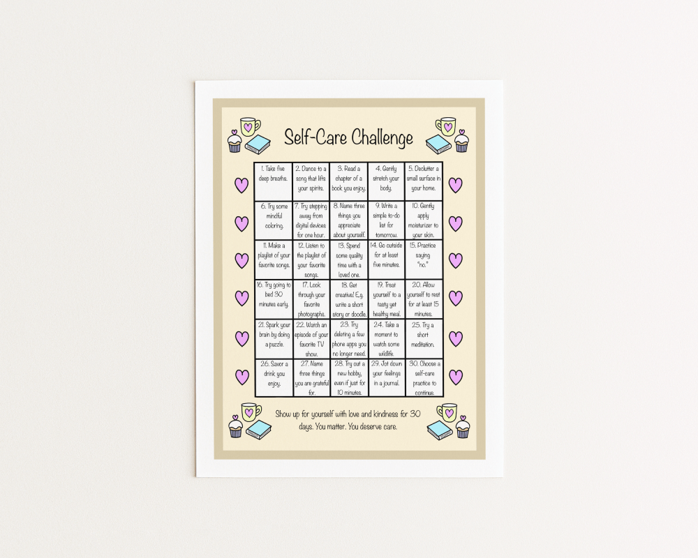 Self-care challenge featuring 30 self-care prompts in a central grid and hand-drawn motifs of hearts, mugs, cupcakes and books around it