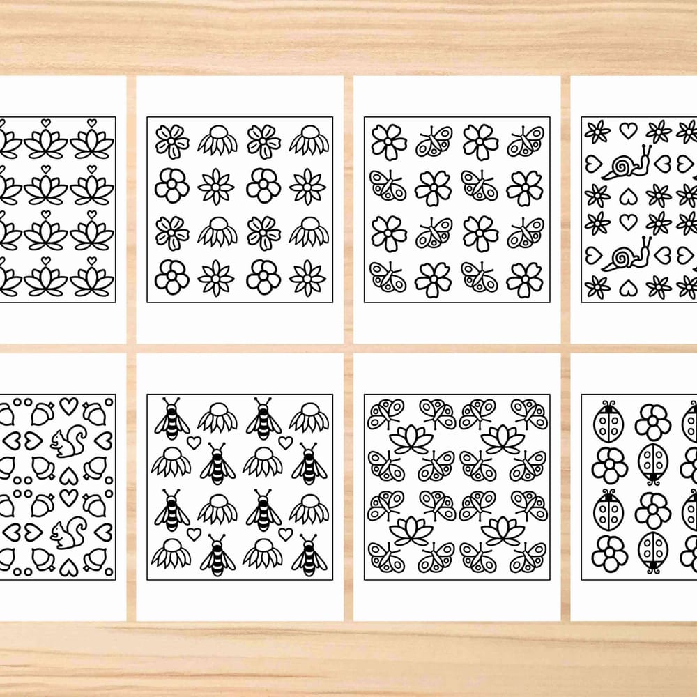 Coloring pages featuring hand-drawn nature motifs such as bees, flowers, and lady bugs