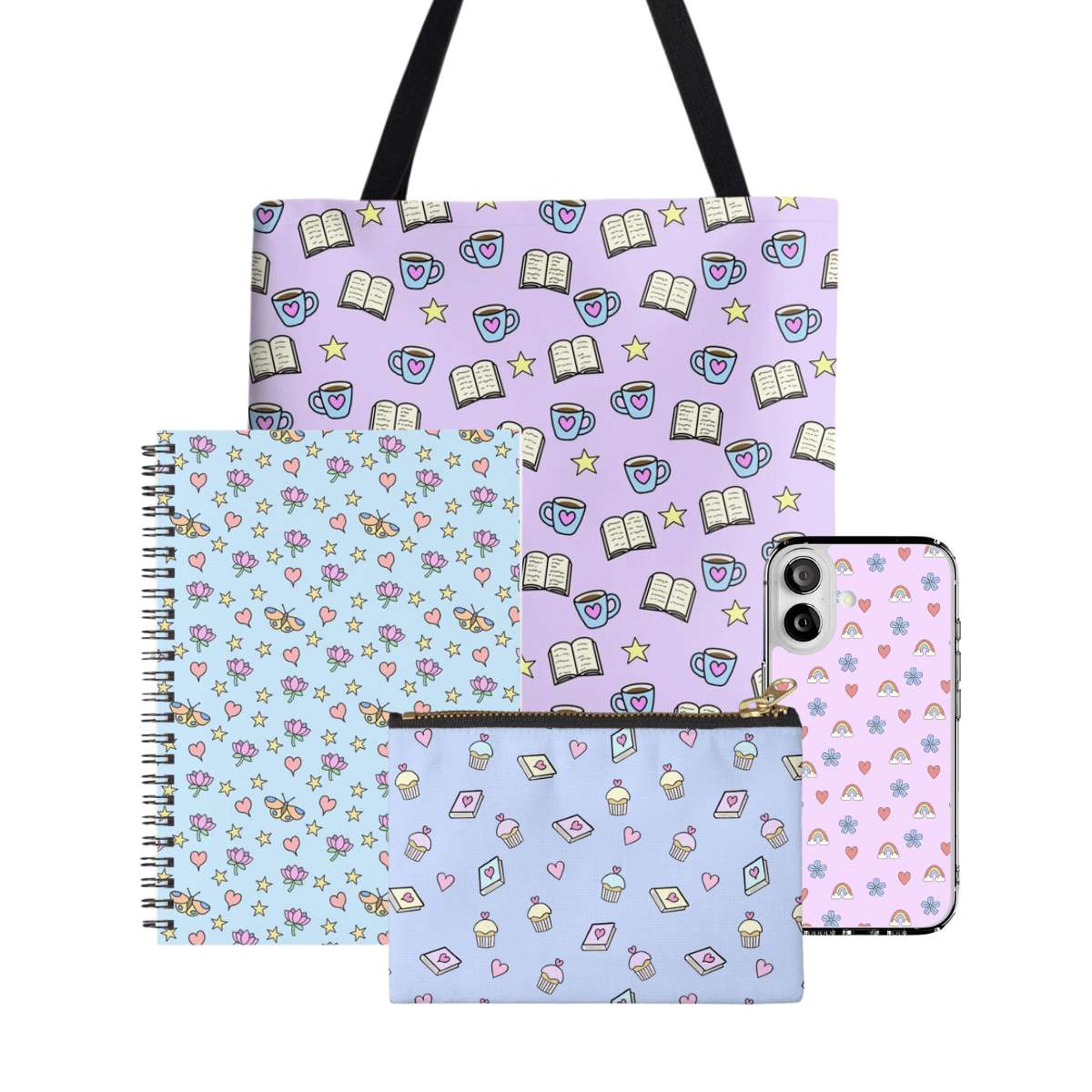 A tote, spiral bound notebook, zipper pouch and phone case with cute hand-drawn motifs including mugs, books, flowers, butterflies, cupcakes, hearts and stars.