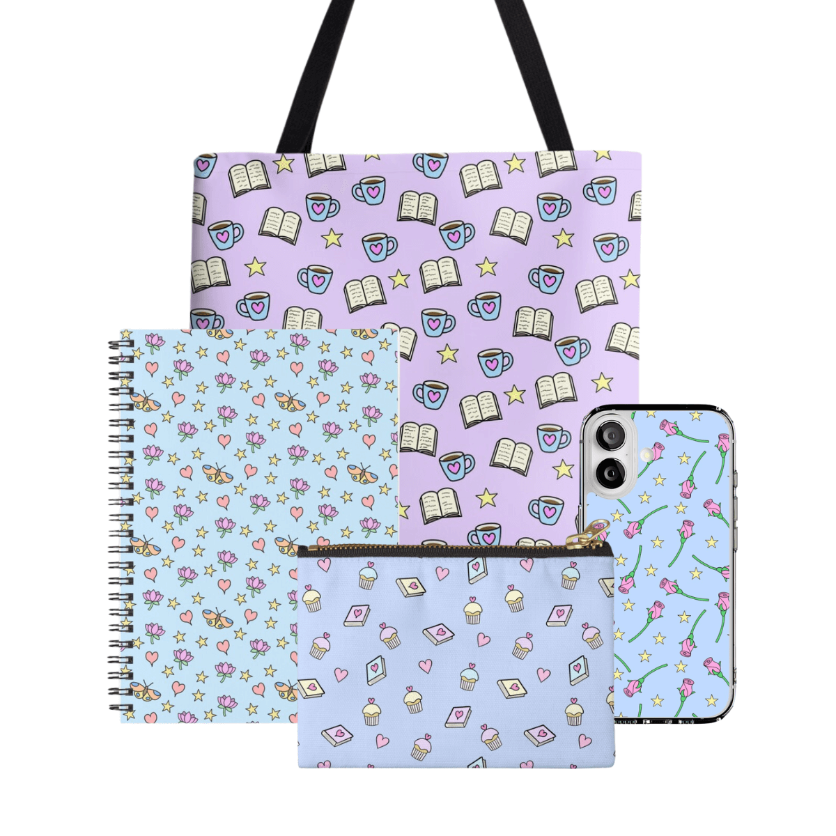 A tote, spiral bound notebook, zipper pouch and phone case with cute hand-drawn motifs including mugs, books, flowers, butterflies, cupcakes, hearts and stars.