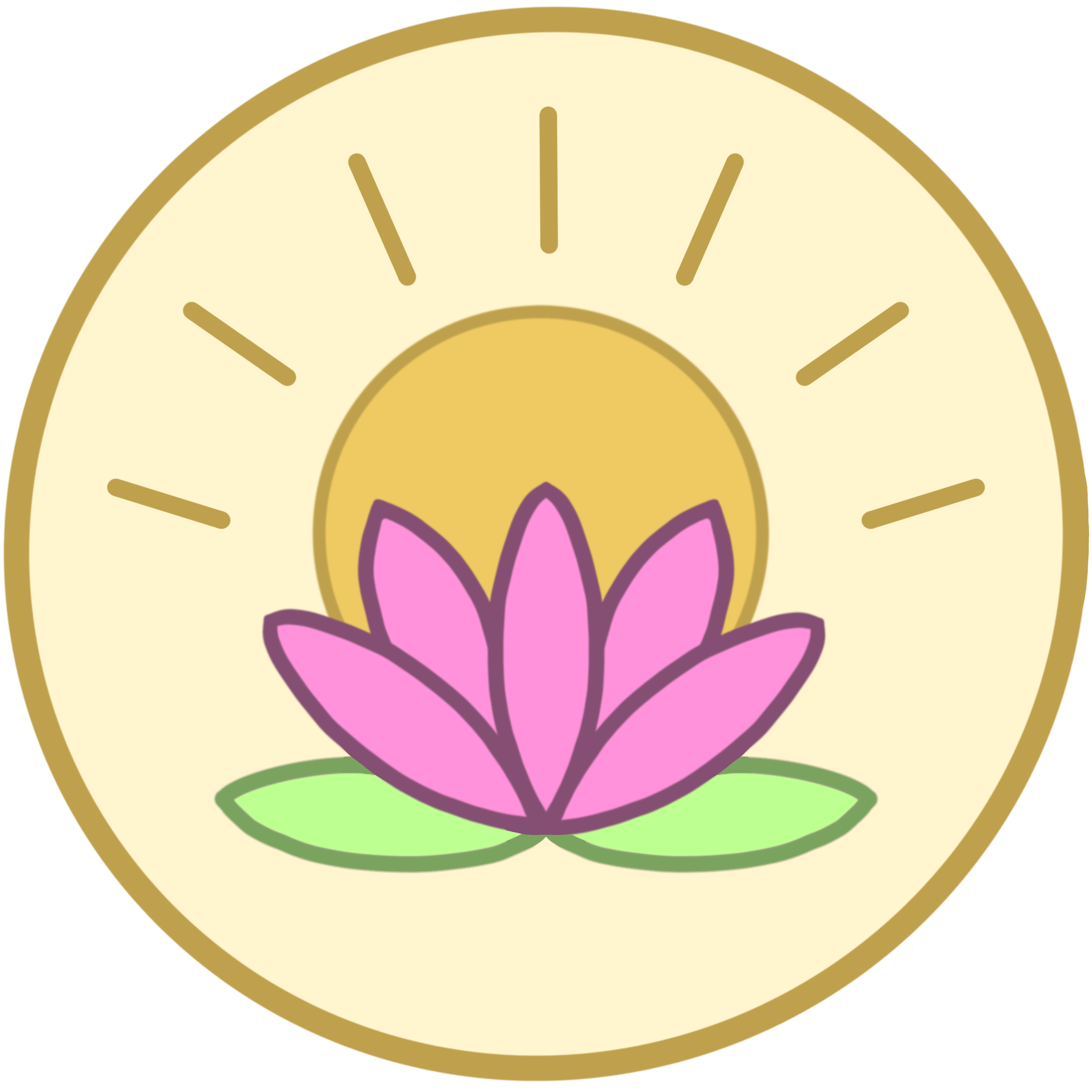 A pink lotus with green leaves with the sun rising behind it.